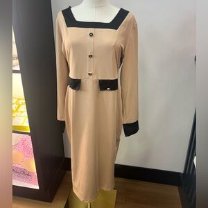 Tan & Black Dress with Beautiful Buttons. Midi Length. Great sale!
